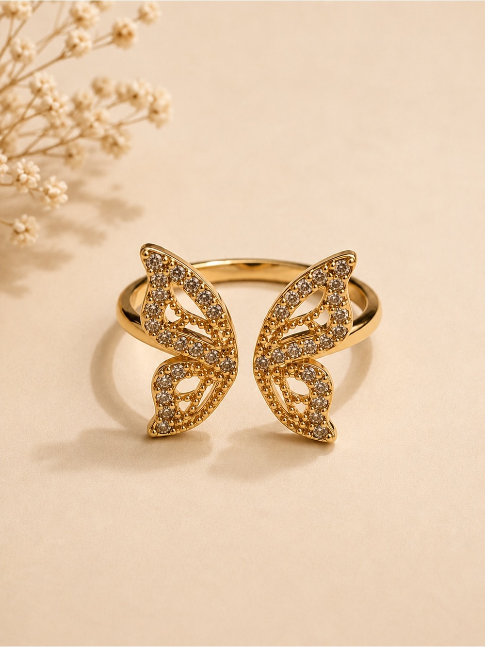 Gold Plated Butterfly Open Ring with Crystal Accents